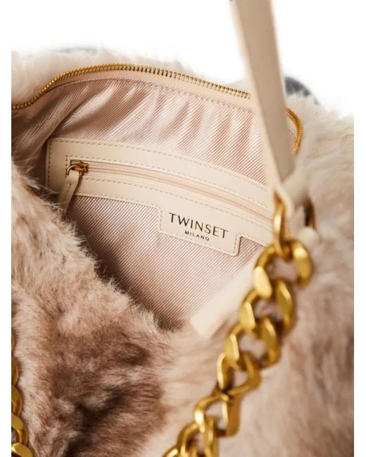 Twinset Natural Faux-Fur Chain-Link Tote Bag
