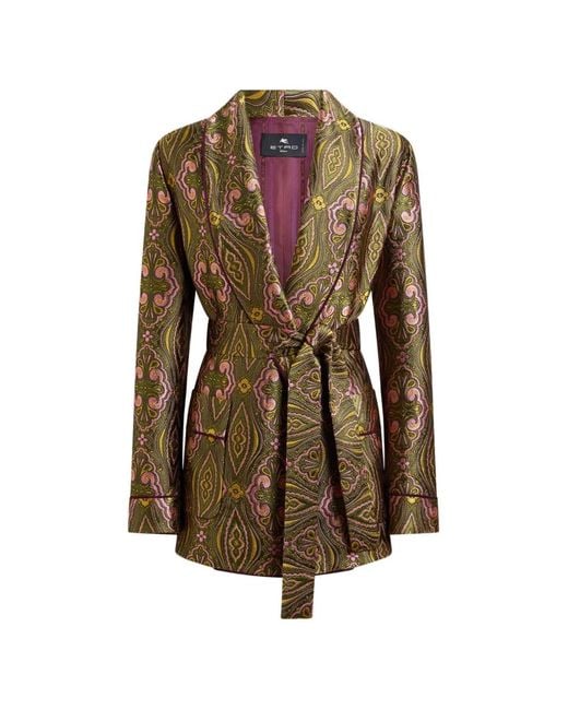 Etro Brown Jacquard Jacket With Belt And Floral Medallion Motif