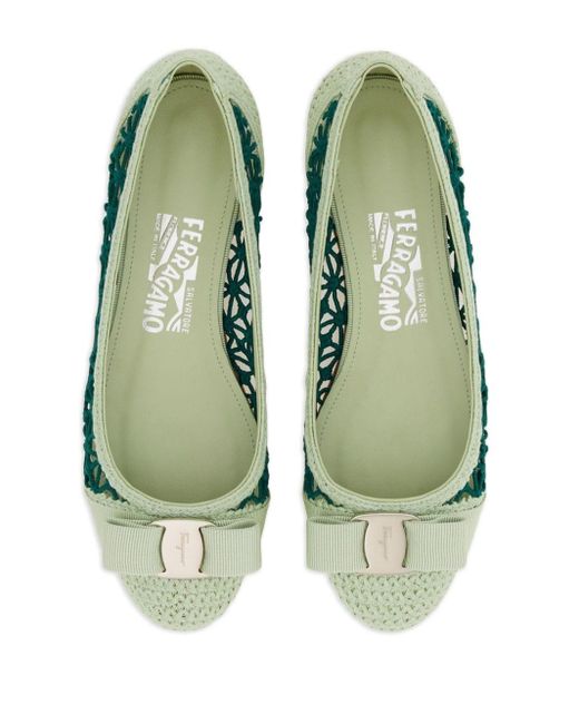 Ferragamo Green Varina Crochet Ballerina Shoes