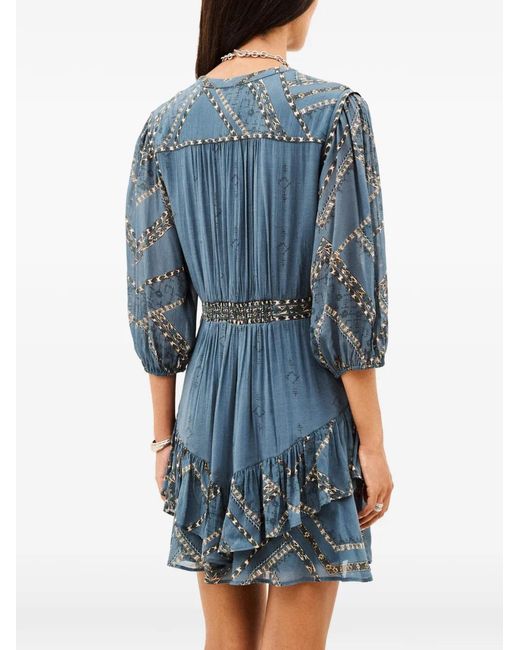Ba&sh Blue Poly Patterned Ruffled Flared Mini Dress