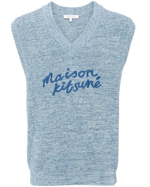 Maison Kitsuné Blue Embroidered-Logo V-Neck Cotton Vest for men