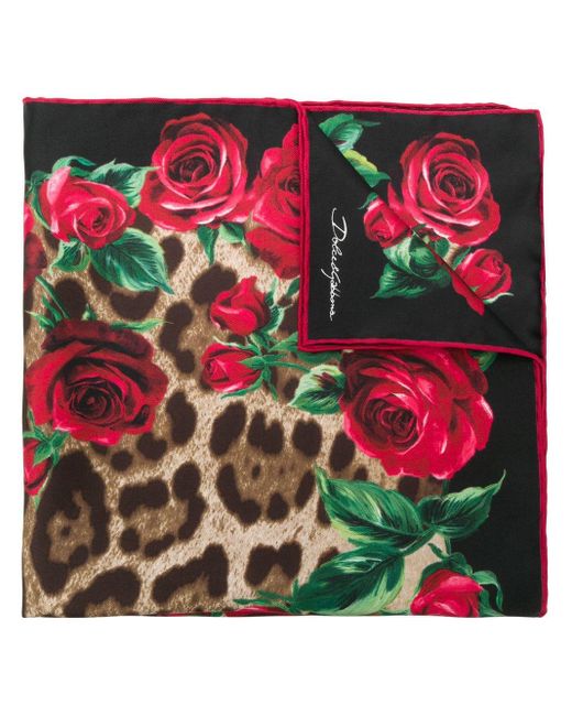 Dolce & Gabbana Brown Leopard Rose Print Square Scarf