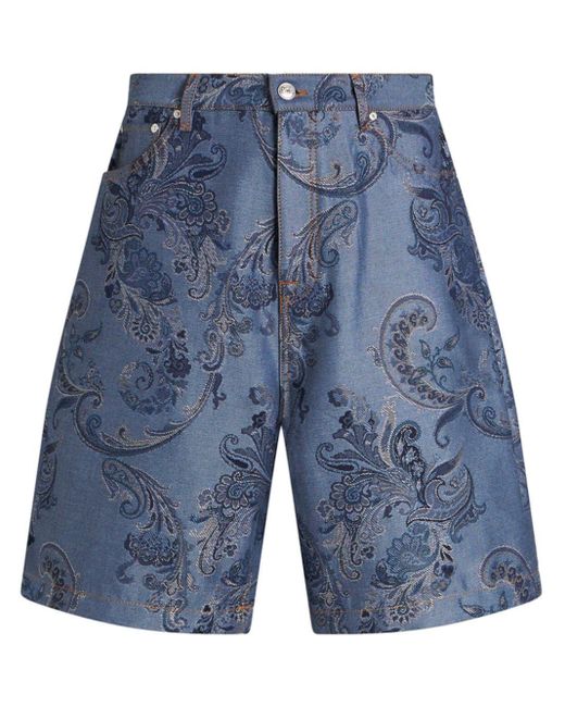 Etro Blue Paisley-jacquard Denim Bermuda Shorts for men