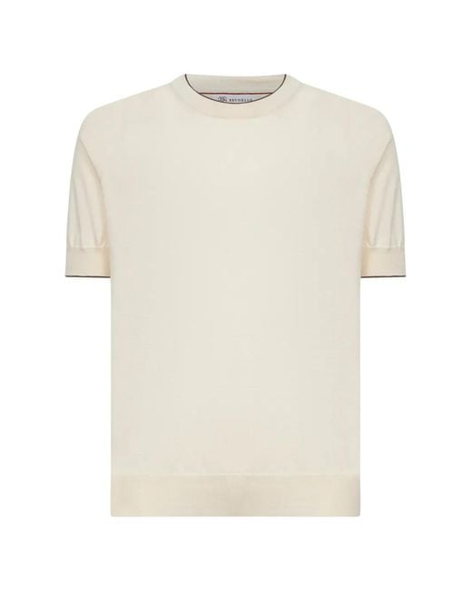 Brunello Cucinelli White Cotton Lightweight Knit T-Shirt With Contrast Details for men