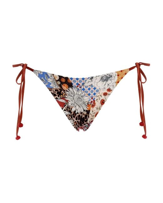 Agua Bendita White Patchwork-Print Tie-Side Bikini Bottoms