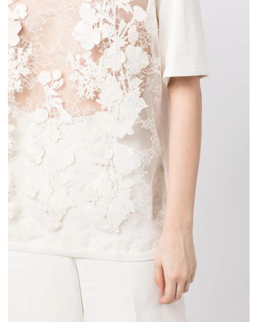 Elie Saab White Floral-Appliqué Sheer T-Shirt