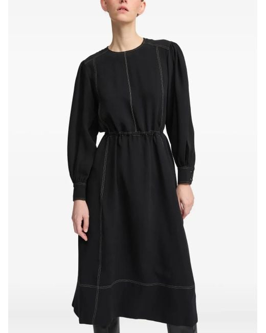 Yves Salomon Black Drawstring-Waist Puff-Sleeve Midi Dress