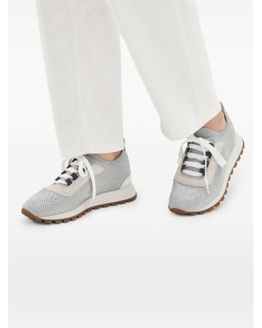Brunello Cucinelli White Panelled Knit Lace-up Sneakers