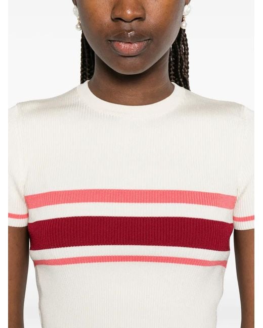 Self-Portrait Red Striped Ribbed-Knit T-Shirt