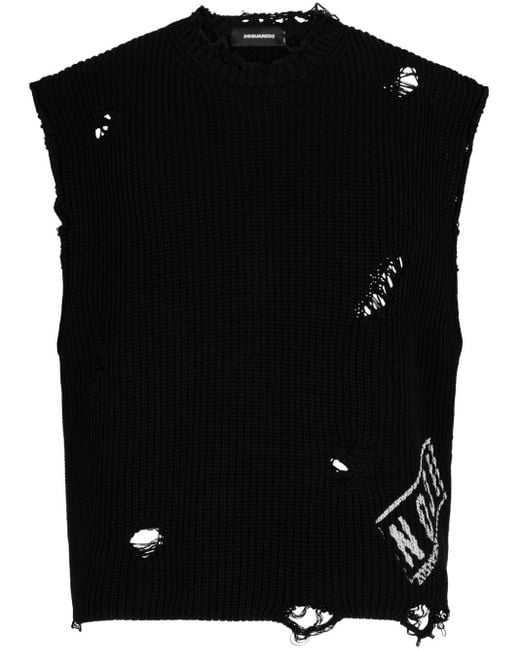 DSquared² Black Logo-print Distressed Knitted Vest for men