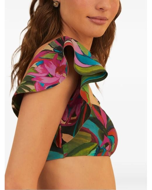 Farm Rio Green Jardin De Reve Ruffle-Detailed Floral-Print Bikini Top