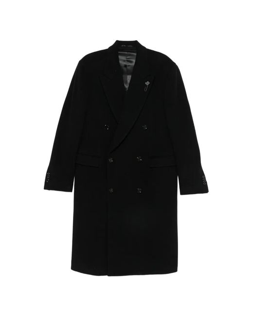 Lardini Black Double-Breasted Peaked-Lapel Coat for men