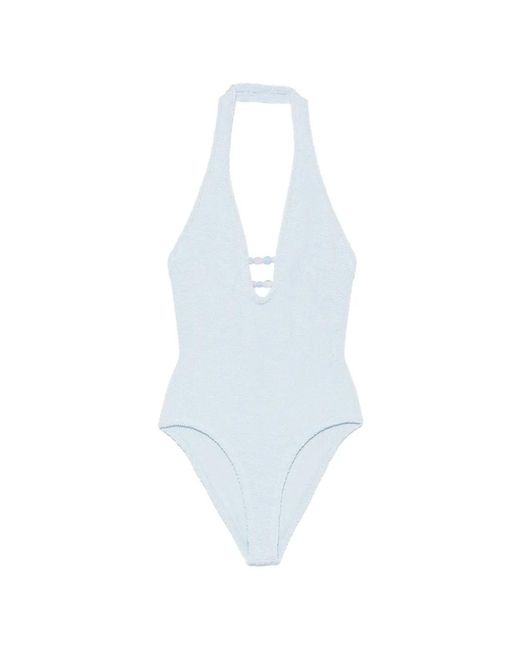 Hunza G White Adriana Bead-Embellished Halterneck Swimsuit