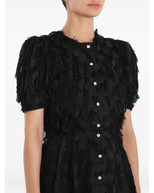 POST MERIDIEM Black Fringe Puff-Sleeve Midi Dress
