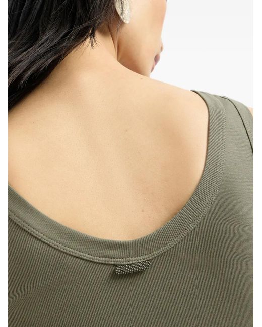 Brunello Cucinelli Green Stretch Cotton Ribbed Jersey Top With Monili