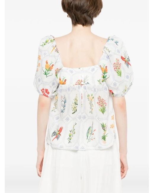 Farm Rio White Tropical Porcelain Puff-Sleeve Blouse