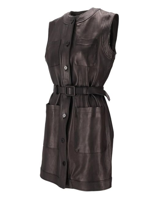 LA ROSE Black Buttoned Belted Leather Dress
