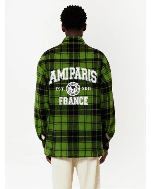 AMI Green Logo-Print Plaid-Patterned Shirt