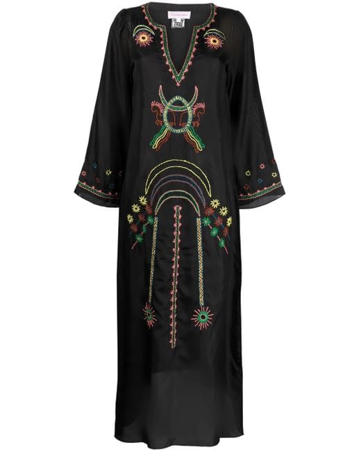 Muzungu Sisters Black Embroidered Split-Neck Silk Dress