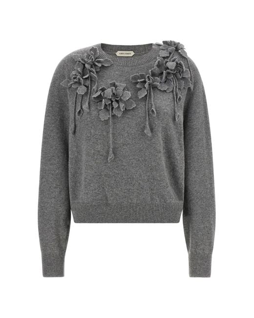 Alberta Ferretti Gray Flower-Embroidered Wool Sweater
