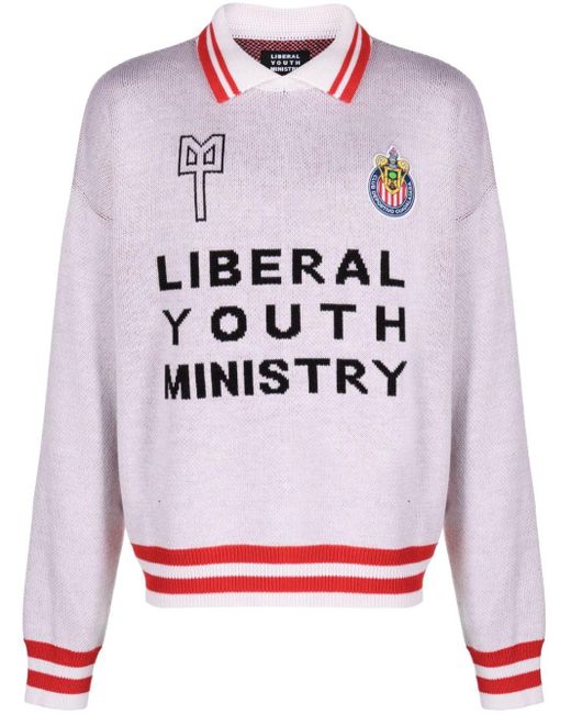 Liberal Youth Ministry Gray Intarsia-knit Logo-patch Polo Shirt for men