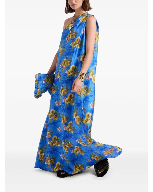 LaDoubleJ Blue Roy One-Shoulder Floral-Print Midi Dress