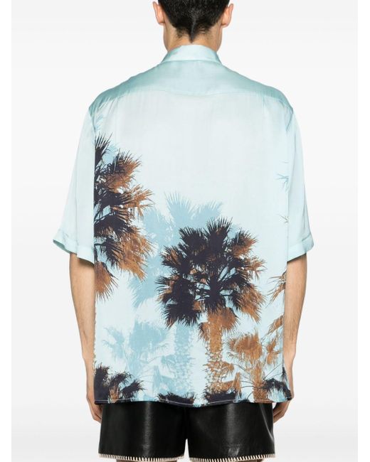 Laneus Blue Palm-print Satin Shirt for men