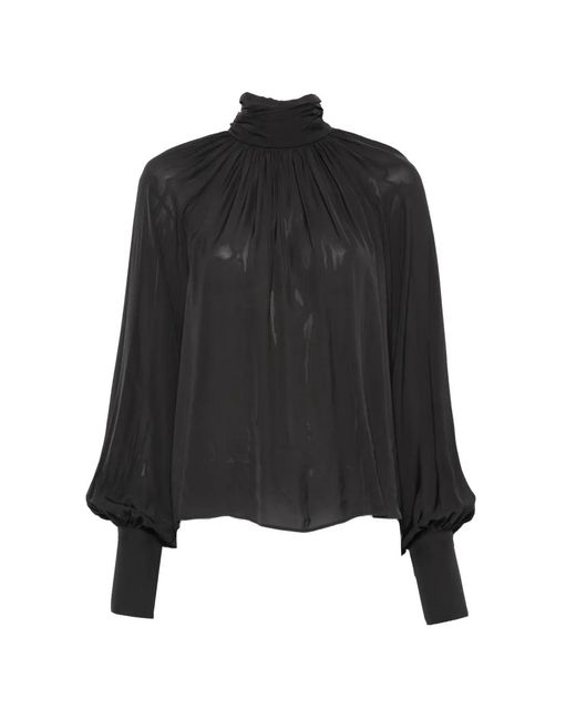 Anine Bing Black Anne Gathered High-Neck Blouse