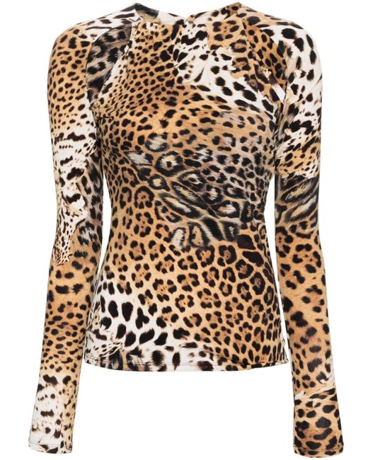 Roberto Cavalli Brown Jaguar Skin-print Cut-out Blouse
