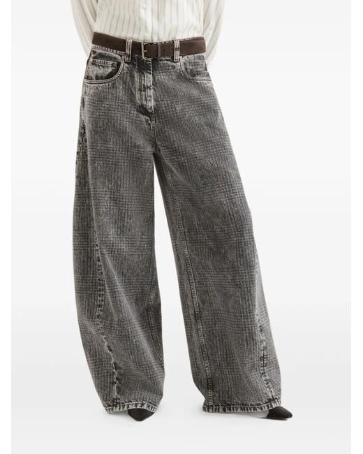 Brunello Cucinelli Gray Prince Of Wales Denim Wide Trousers With Monili