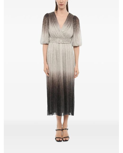 Costarellos Natural Metallic-Effect Plissé Midi Dress
