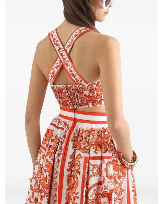 Dolce & Gabbana Red Majolica-Print Poplin Bustier Top