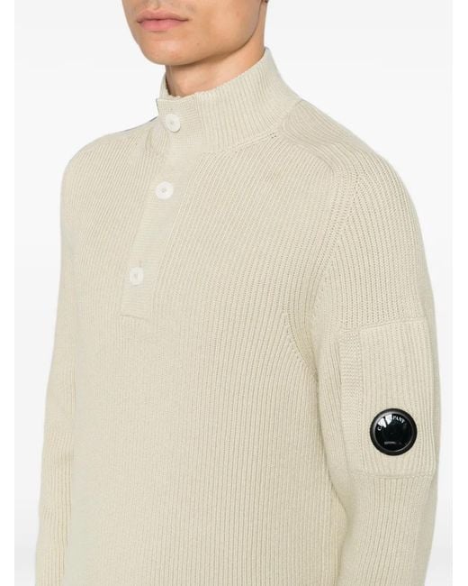 C P Company White Lens-Detail Ribbed-Knit Sweater for men