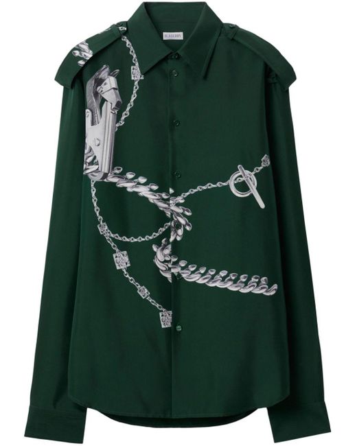 Burberry Green Knight Accessories-print Silk Shirt for men