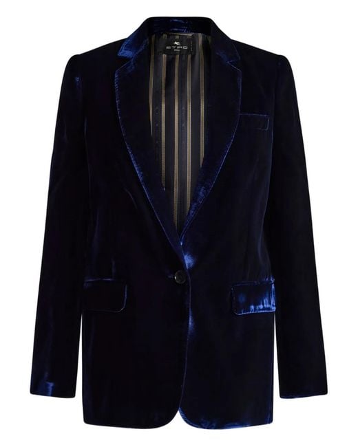 Etro Blue Single-Breasted Velvet Blazer