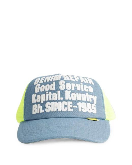 Kapital Blue Logo-Print Mesh-Panel Trucker Hat for men