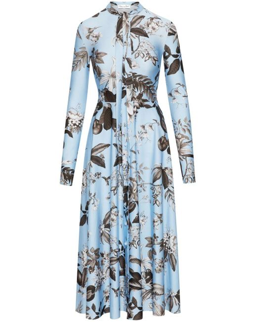 Oscar de la Renta Blue Flora & Fauna Long-sleeve Midi Dress