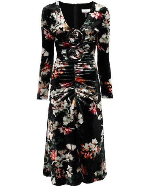 Nissa Black Floral-Print Midi Dress