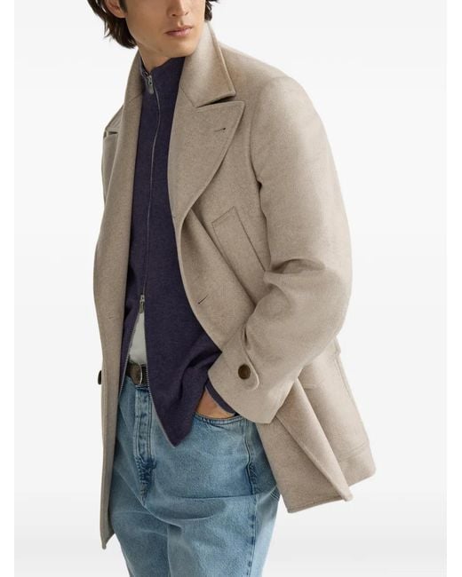 Brunello Cucinelli White Cashmere Chevron Flannel Four-Pocket Pea Coat for men
