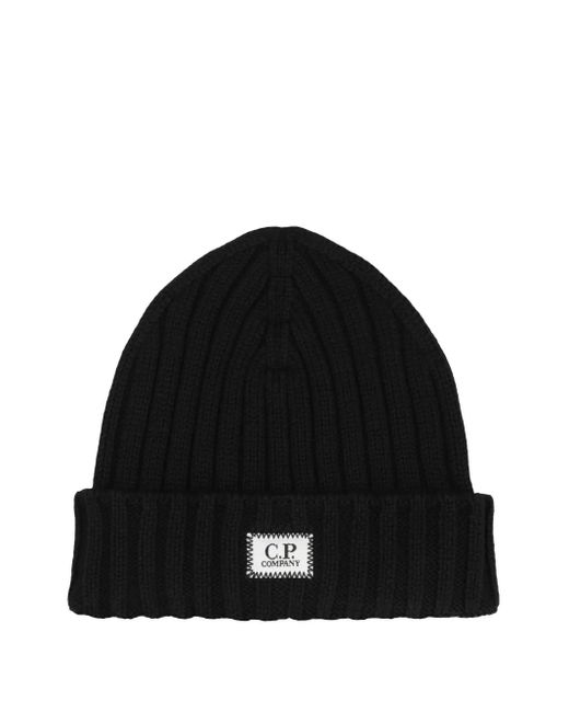 C P Company Black Ribbed Logo-Patch Beanie