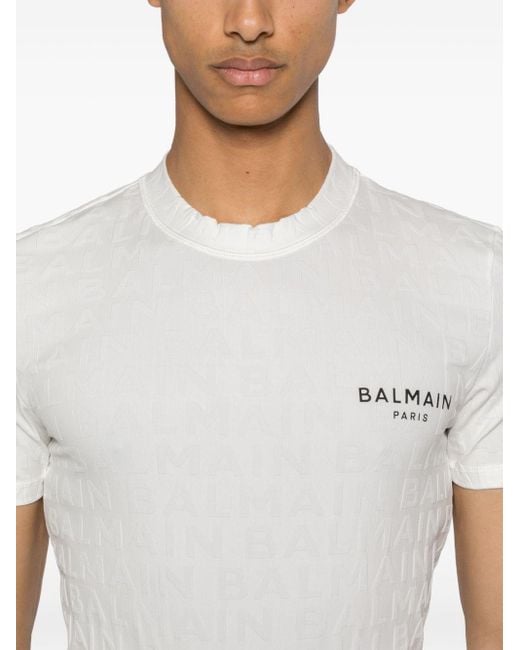 Balmain White Logo-jacquard T-shirt for men