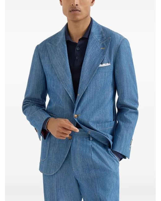 Brunello Cucinelli Blue Peak-Lapel Blazer for men