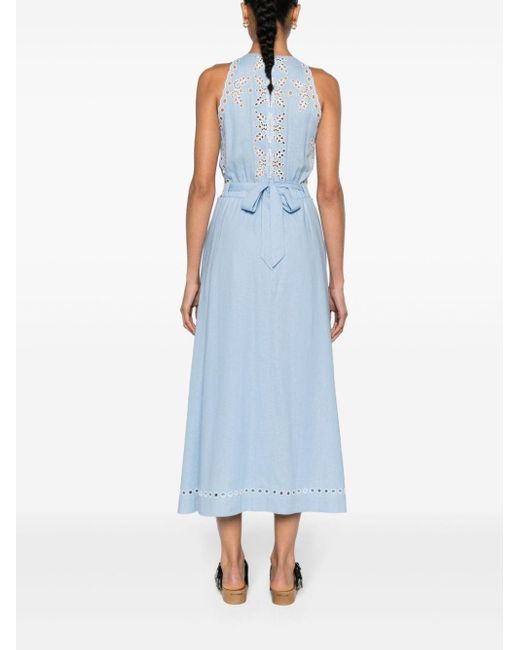 Sandro Blue Broderie-anglaise Belted Maxi Dress