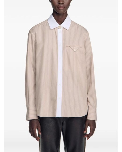 Sandro White Striped-Pattern Button-Up Shirt