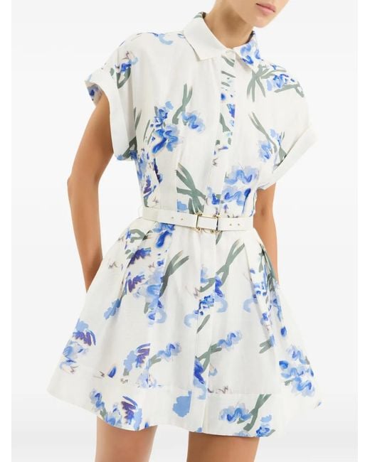 Rebecca Vallance Bluebell Meadow Floral-Print Linen Blend Mini Shirt Dress With Belt