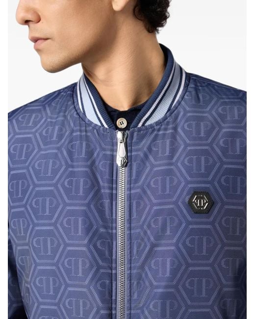 Philipp Plein Blue Nylon Bomber All-Over Monogram for men