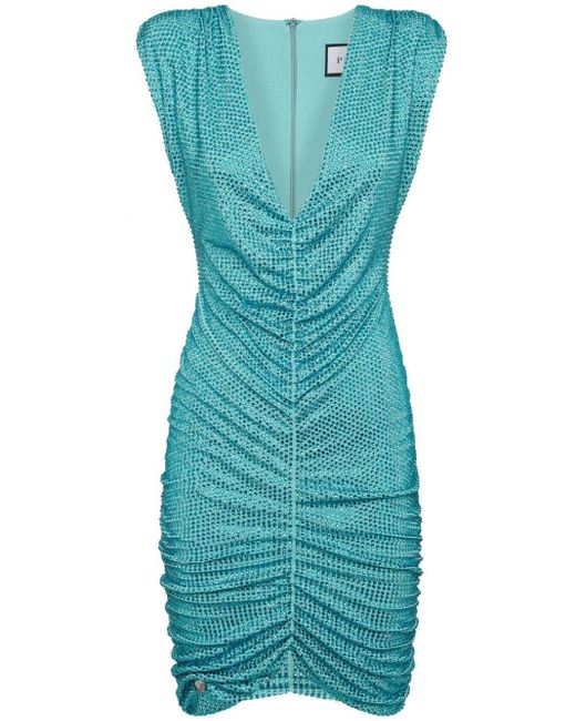 Philipp Plein Blue Crystal-embellished Ruched Minidress