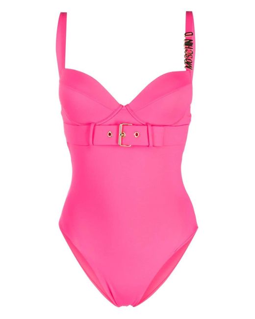 Moschino Pink Logo Plaque Belted Swimsuit