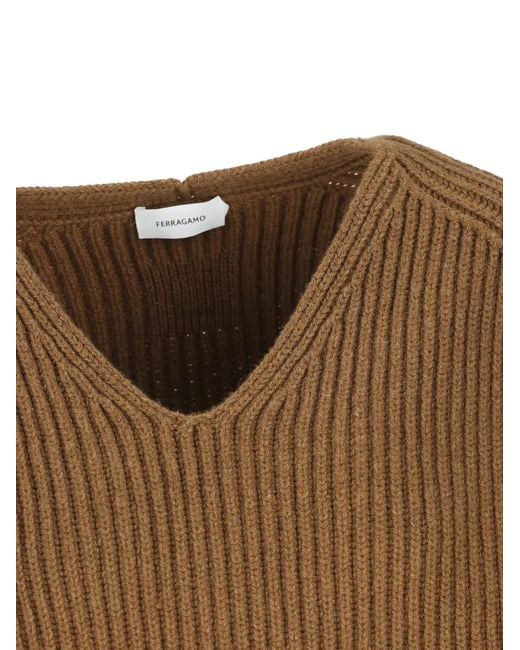 Ferragamo Brown Ribbed V-Neck Knitwear