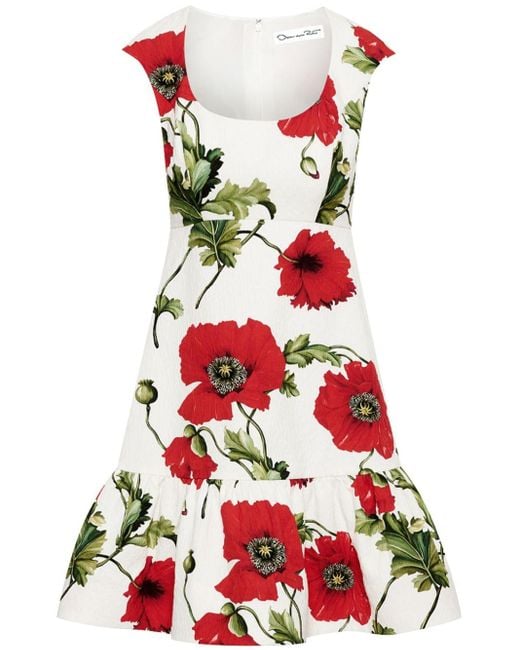 Oscar de la Renta Red Poppy-print Cotton Dress